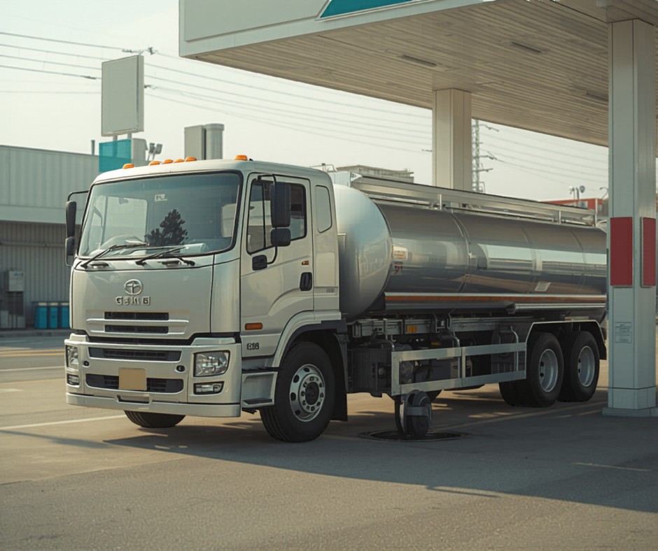 ガソリンスタンドに横付けされたタンクローリー