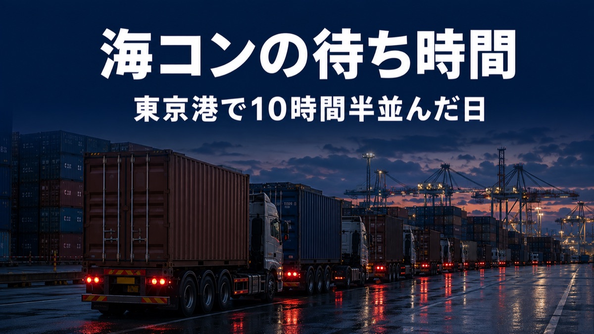 夜の東京港のコンテナターミナルで一列に並んで待機する海上コンテナのトレーラー